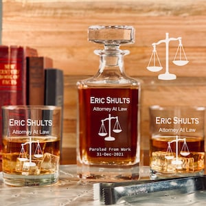 Personalized Lawyer Retirement Whiskey Decanter Set, Attorney Gift, Retirement Gift for Lawyer, Attorney Gift, Judge Gift, Law School Gift