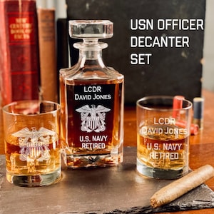 Personalized Navy Officer Whiskey Decanter Set, Officer Gift, USN, Veteran, Promotion, Military Gift, Commissioning Gift, Academy Grad