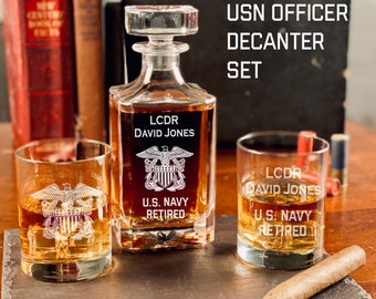 Personalized Navy Officer Whiskey Decanter Set, Military Gift