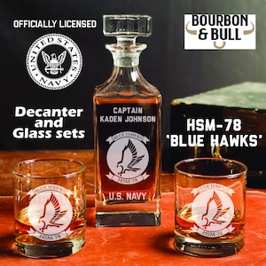 Navy HSM-78 Blue Hawks Whiskey Decanter Set, USN Squadron Gift, Military Gift, Navy Pilot Gift, Gift, Air Crew Gift, HELMARSTRIKERON