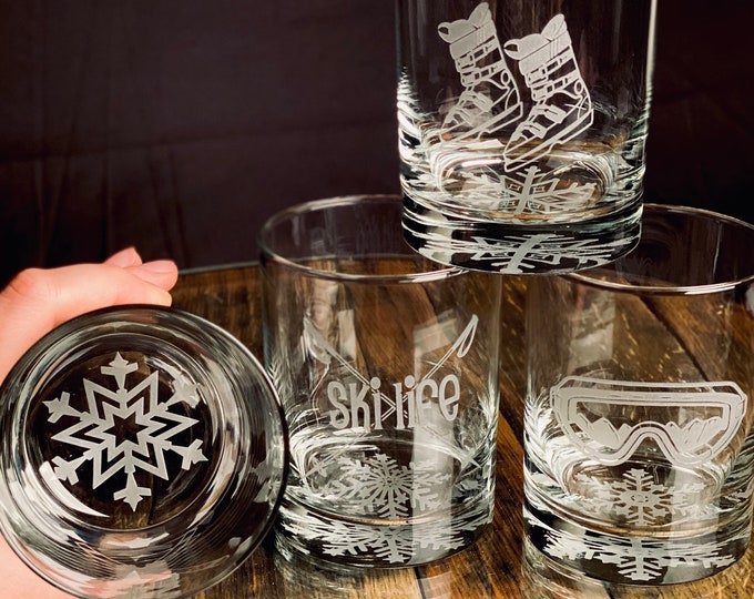 Ski Themed Whiskey Glasses - Set of 4 - Perfect Gift for your Favorite Skier, Skier Gift,Gift for Skier, Ski Lodge Gift, Ski Decor Gift