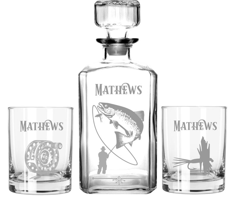 Personalized Fly Fishing Whiskey Glasses & Decanter Set Gifts Etsy