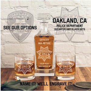 Oakland Police Department Badge Whiskey Decanter Gift Set - Personalized Gifts for Law Enforcement Retirements and Promotions
