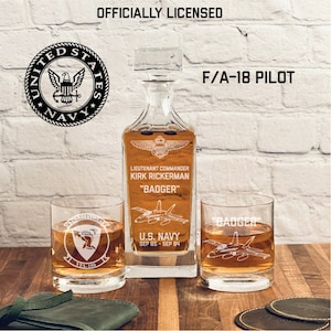 Personalized F18 Whiskey Decanter Set, Navy Pilot Gift, Military Retirement Gift, Military Gift, Naval Flight Officer, Gift for Pilot, NFO