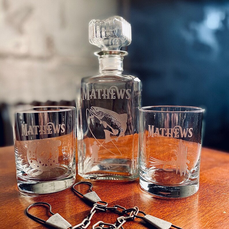 Personalized Fly Fishing Whiskey Glasses & Decanter Set Gifts Etsy