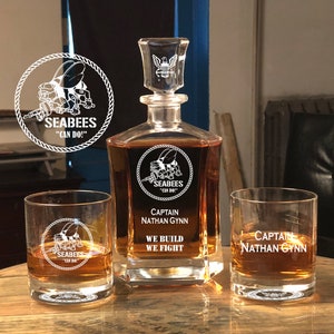 Seabee Whiskey Decanter Set - Personalized,  Navy Gift, Seabees Glass, Military Retirement Gift, Navy Gift, Military Gift, Veteran Gift USN