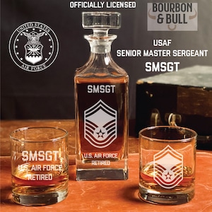 Personalized Senior Master Sergeant Whiskey Decanter Set, Gift for Retirement, Military Gift, Air Force SMSgt Retirement and Promotion Gift