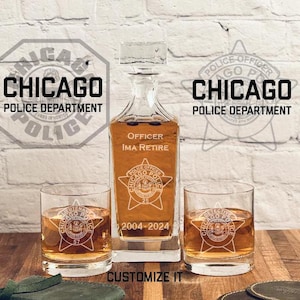 Personalized Chicago Police Badge Whiskey Decanter Set, Gift for Policeman, Police Retirement Gift, Police Officer Gifts