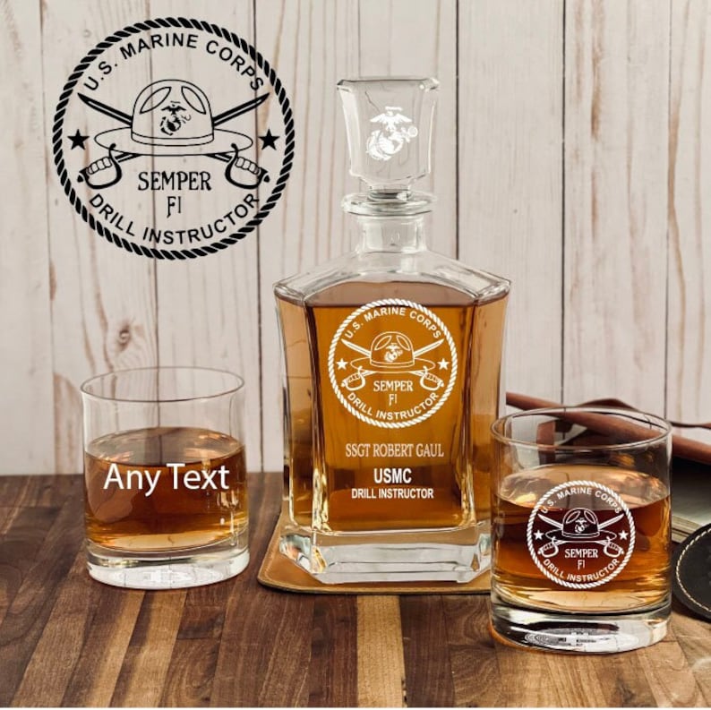 Personalized USMC Marine Drill Sergeant Whiskey Decanter Set, Gift for Marine, Marine Corps Gift ...