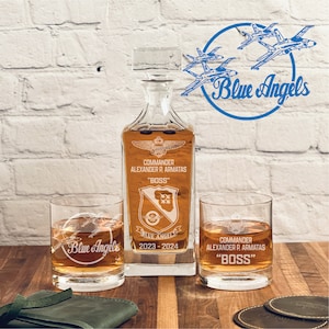 Blue Angels Whiskey Decanter Set, Navy Pilot Gift, Military Retirement Gift, Retirement, Marines, Navy, US Navy Flight Demonstration Team