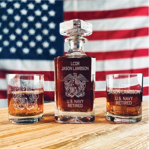 Navy Mustang Whiskey Decanter Set, Navy Gift, Navy Mustang Gift, Naval Officer Gift, Military, Veteran, Prior Enlisted, Commissioning