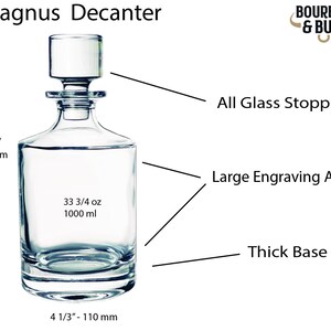Puede incluir: Una decantador de vidrio transparente con una base gruesa y un tap&oacute;n de vidrio. La decantador tiene una capacidad de 1000 ml (33 3/4 oz). Tiene una gran &aacute;rea de grabado y mide 237 mm de alto y 110 mm de ancho.