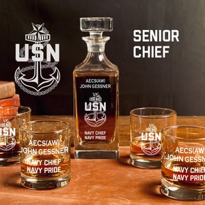 Senior Chief Whiskey Decanter Set -  Personalized Gift for Navy Chief Gift, Pinning, CPO, Chief&#39;s Mess, Goat Locker, Sailor, Shipmate, USN