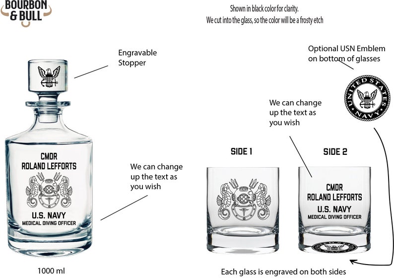 May include: A personalized 1000 ml glass decanter with a stopper and two matching glasses. The decanter and glasses are engraved with the text "CMDR ROLAND LEFFORTS U.S. NAVY MEDICAL DIVING OFFICER" and a nautical emblem. The glasses are engraved on both sides.