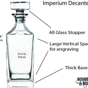 May include: A clear glass decanter with a thick base and a glass stopper. The decanter is labeled with "25.4 oz 750 ml". The decanter is 10 5/8 inches tall. The text "Imperium Decanter" is above the decanter. The text "All Glass Stopper" is to the right of the decanter. The text "Large Vertical Space for engraving" is below the text "All Glass Stopper". The text "Thick Base" is below the text "Large Vertical Space for engraving". The text "BOURBON & BULL" is below the text "Thick Base".