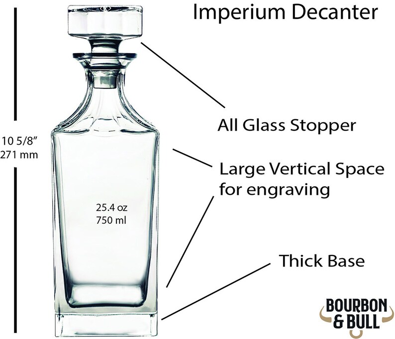 May include: A clear glass decanter with a thick base and a glass stopper. The decanter is labeled with "25.4 oz 750 ml". The decanter is 10 5/8 inches tall. The text "Imperium Decanter" is above the decanter. The text "All Glass Stopper" is to the right of the decanter. The text "Large Vertical Space for engraving" is below the text "All Glass Stopper". The text "Thick Base" is below the text "Large Vertical Space for engraving". The text "BOURBON & BULL" is below the text "Thick Base".
