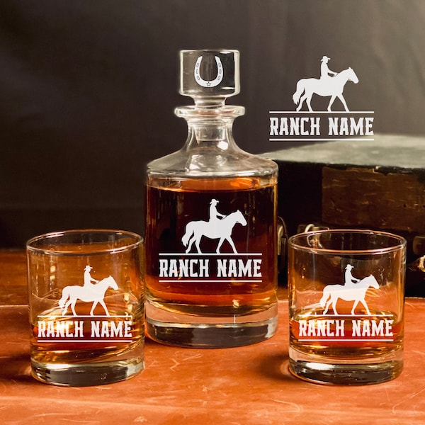 Personalized Ranch Life Whiskey Decanter Set, Gift for Cowboy, Western Themed Gift, Gift for Horse Lover, Ranch Life, Stock Shows