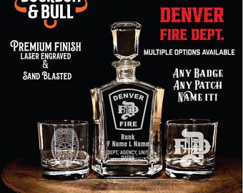 Custom Denver Firefighter Whiskey Decanter Set – Sand Carved, Personalized Gift