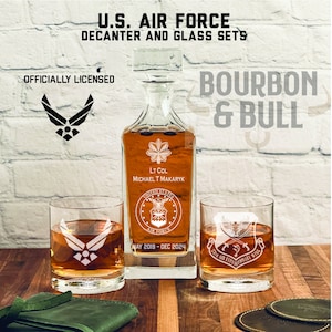 Custom USAF Decanter Set, Custom Whiskey Decanter Set, Personalized, Unit, Crest, Badge, Ball Gift, Office Decor, Military Retirement Gift