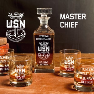 Personalized Master Chief Whiskey Decanter Gift for Set - US Navy Gift, Gift for E-9, Navy Promotion and Retirement Gifts