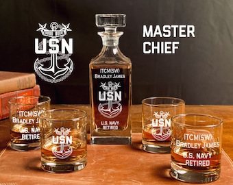 Personalized Master Chief Whiskey Decanter Set – US Navy Retirement Gift