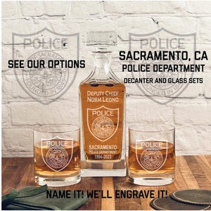 Sacramento Police Department Badge Whiskey Decanter Gift Set - Personalized Gifts for Law Enforcement Retirements and Promotions