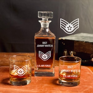 Personalized Gift for US Air Force Staff Sergeant Whiskey Decanter Set, USAF Retirement Gift, Military Retirement Gift, Fathers Day Gift