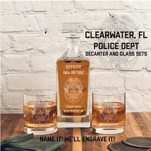 Clearwater Florida Police Department Whiskey Decanter Gift Set - Personalized Gifts for Law Enforcement Retirements and Promotions