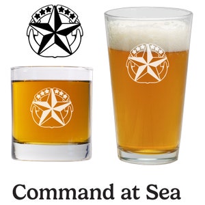 May include: Two glass beer mugs with a white star and anchor design. The design includes the text "Command at Sea".