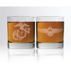 Personalized USMC Pilot Wings Whiskey Glasses – Marine Pilot Gifts, Military Gift, Father’s Day, USMC Ball, Mess Night, Custom Whiskey Gift