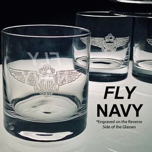 Fly Navy - Naval Aviator Badge Whiskey Glasses - Set of 4, Pilot Gift, Pilot Wings, USN, Father's Day Gift, Ball Gift, The Blue Angels, Wing