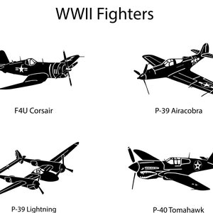 May include: Silhouettes of four World War II fighter planes: a F4U Corsair, a P-39 Airacobra, a P-39 Lightning, and a P-40 Tomahawk.