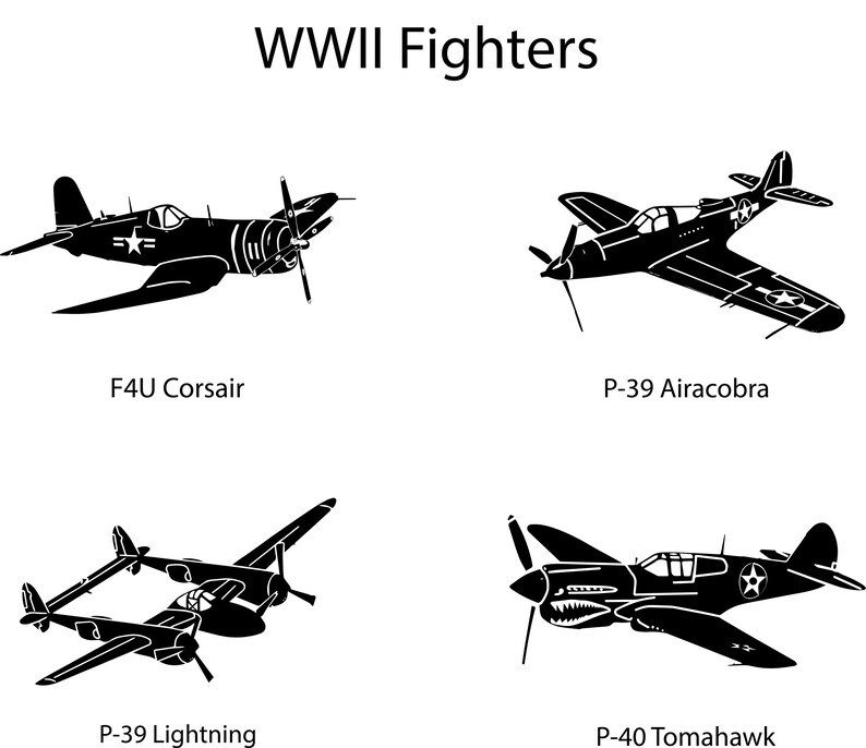 May include: Silhouettes of four World War II fighter planes: a F4U Corsair, a P-39 Airacobra, a P-39 Lightning, and a P-40 Tomahawk.