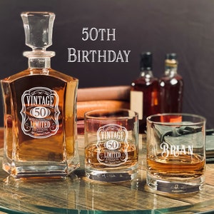 Personalized Birthday Whiskey Decanter Set - 40th Birthday - 50th Birthday - 60th Birthday - 70th Birthday - 80th Birthday