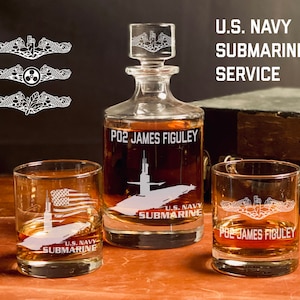 Naval Submariner - Custom Whiskey Decanter and Glasses , Retirement Gift, Military, CPO Mess, Goat locker, Chief, Ball gift, Center Piece