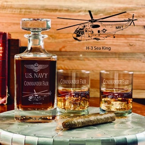 Personalized H-3 Sea King Helicopter Whiskey Decanter Set, Military Retirement Gift, Gift for US Navy Helicopter Pilot, Air Crew, Crew Chief