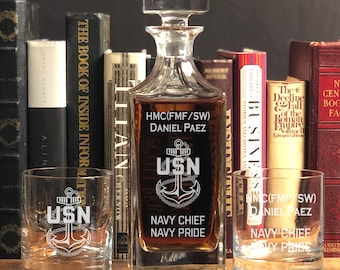 Navy Chief Whiskey Decanter Set - Personalized Chief Promotion Gift, Chief Sponsor Gift, Engraved Whiskey Decanter and Whiskey Glasses, CPO