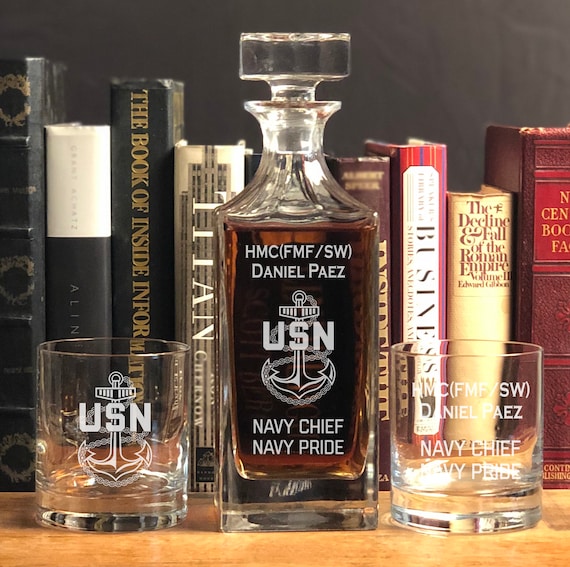 A Navy Chief promotion gift decanter set with 575 favorites — this niche military milestone angle makes it deeply personal and hard to find elsewhere.