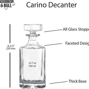 May include: A clear glass decanter with a square body and a faceted design. It has a glass stopper and a thick base. The decanter holds 23.7 ounces or 700 milliliters.