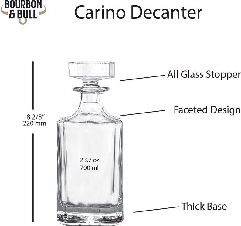 May include: A clear glass decanter with a square body and a faceted design. It has a glass stopper and a thick base. The decanter holds 23.7 ounces or 700 milliliters.