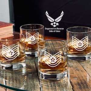 US Air Force Technical Sergeant Whiskey Glasses, USAF Retirement Gift, Military Retirement Gift, Fathers Day Gift, Military Gift, USAF Gift