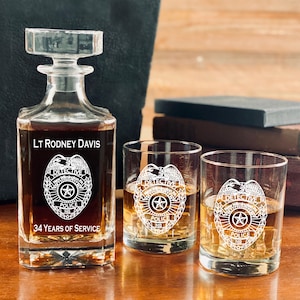 Law Enforcement Retirement Gift,  Police Badge Engraved Whiskey Decanter Set, Gift for Police Retirement, Law Enforcement Gift