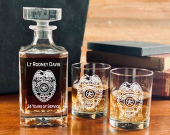 Law Enforcement Retirement Gift,  Police Badge Engraved Whiskey Decanter Set, Gift for Police Retirement, Law Enforcement Gift