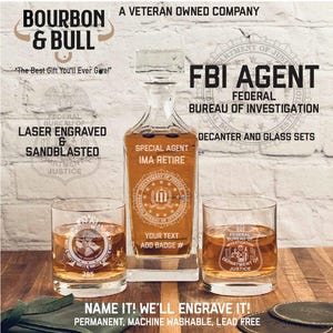 FBI Whiskey Decanter Gift Set - FBI Retirement Gift, Government Service Gift, Bureau of Investigation, Law Enforcement, Special Agent