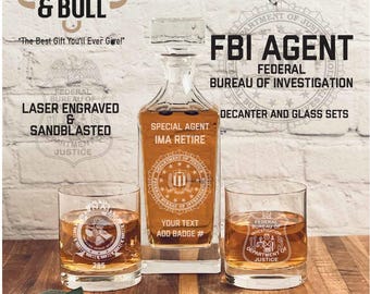 FBI Whiskey Decanter Gift Set - FBI Retirement Gift, Government Service Gift, Bureau of Investigation, Law Enforcement, Special Agent