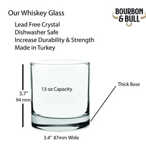 May include: A clear glass whiskey tumbler with a thick base. It has a 13 ounce capacity and measures 3.7 inches tall and 3.4 inches wide. The glass is lead-free crystal, dishwasher safe, and made in Turkey.