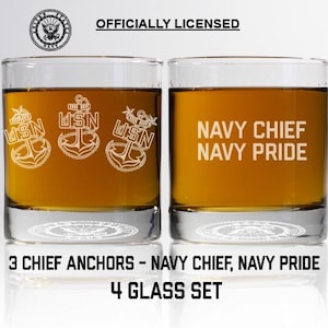 Personalized Navy Chief Anchors Whiskey Glass Set - Chief Season Gift,  Navy Promotion and Retirement Gift Set, Chief Sponsor Gift