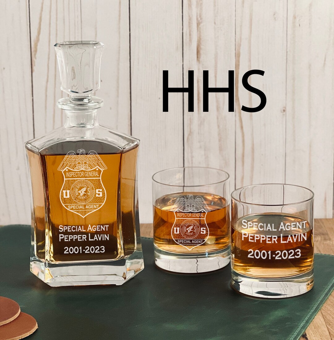 Health and Human Services Special Agent Whiskey Decanter Set. HHS