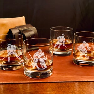 Hockey Themed Whiskey Glasses - Set of 4, Gift for Hockey Fan, Hockey Coach Gift, Personalized, Custom