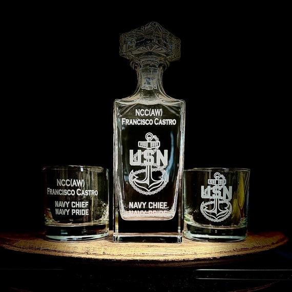 Rank-specific engraving for Navy Chiefs makes this a hyper-targeted, emotionally resonant gift that a generic decanter set could never replicate — 33 favorites backs the demand.
